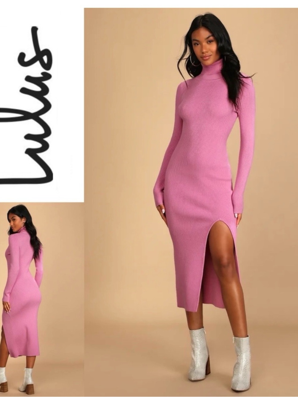 Lulu's Rose Pink Ribbed Turtleneck Midi Dress with High Slit, Large